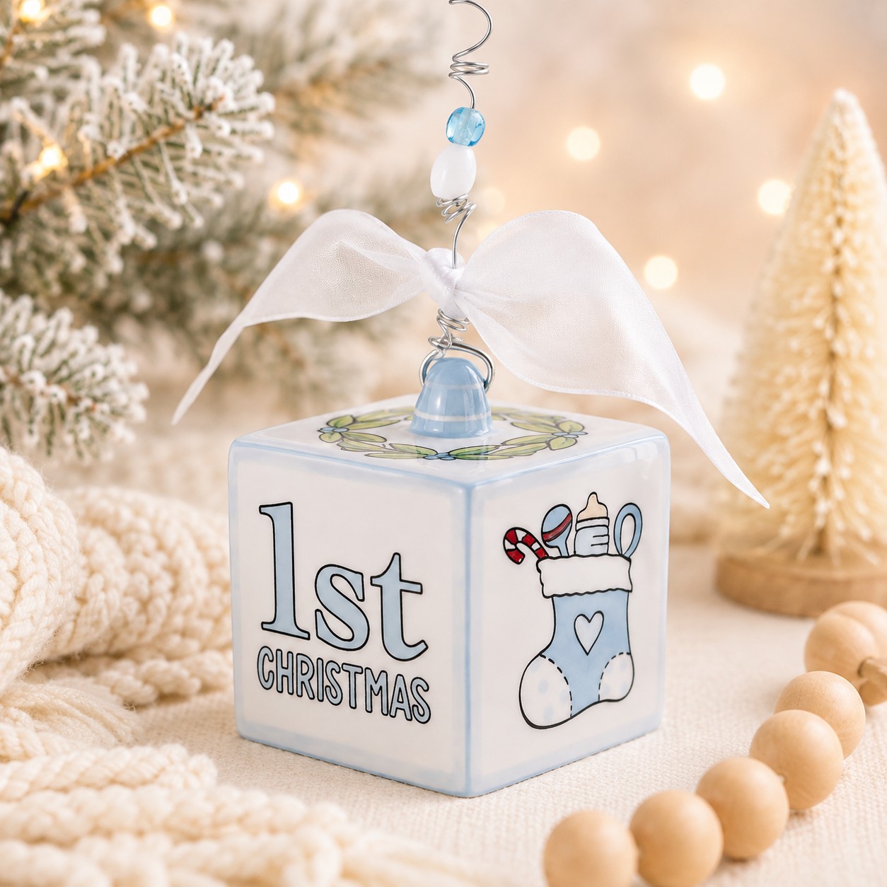 Blue Baby's 1st Christmas Block Ornament
